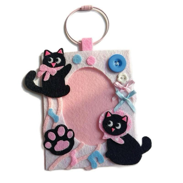Card Holder Keychain – Handmade Felt Black Cat in Pink & Blue Tones