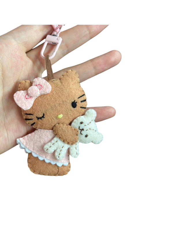 Felt Cat Hugging Teddy Bear Keychain: Kawaii Handmade Plush Charm