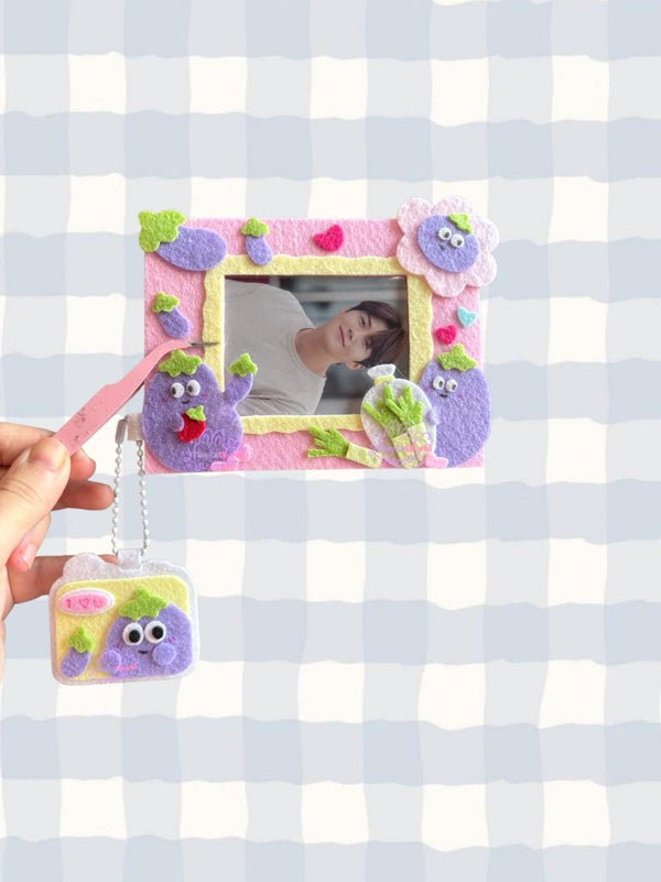 Kawaii Eggplant Felt Photo Frame with Charm: Locker Desk Decor