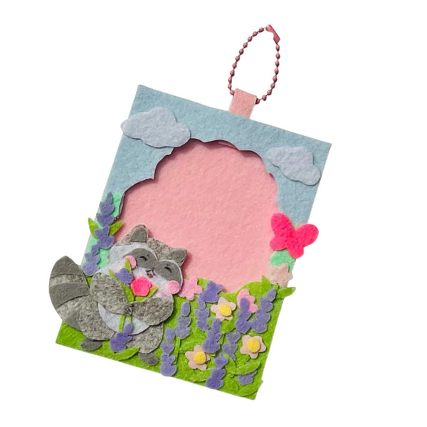 Handmade Felt Cardholder Keychain – Raccoon in Flower Garden